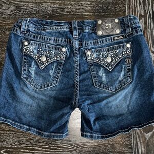 Miss Me Dark Blue Denim Shorts with Rhinestones